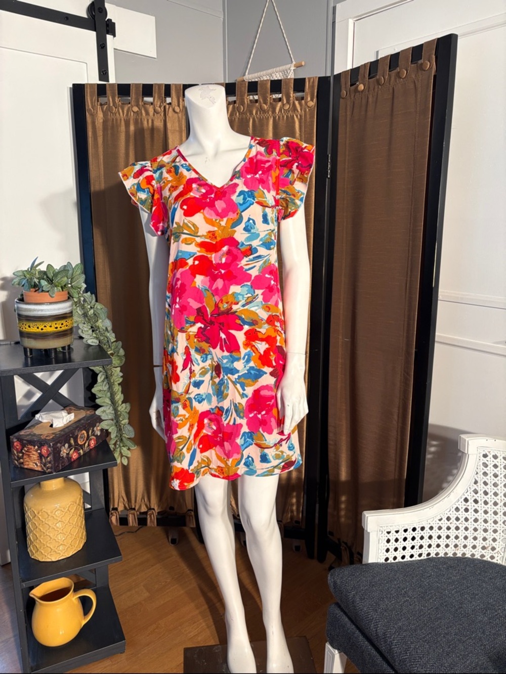 Bright Floral V-Neck Flutter Sleeve Dress - Pink Multi
